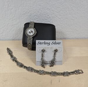 Vintage Sterling Silver Macrasite Anjuli Watch With Braclet & Earings 925A Set